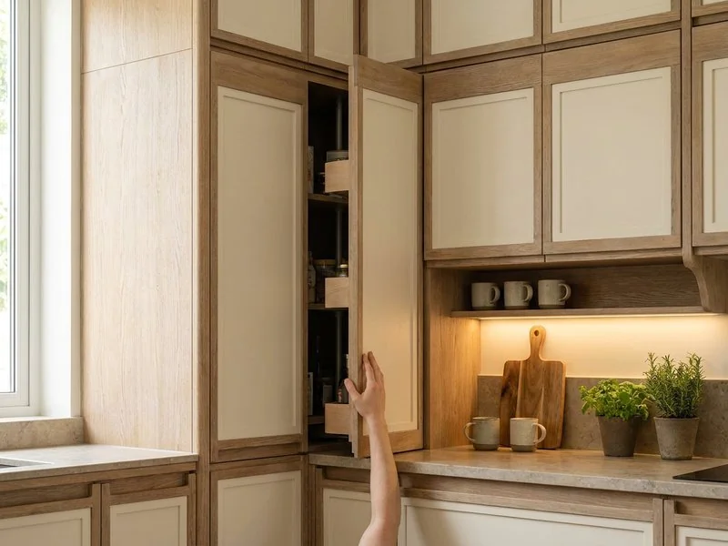 Tủ bếp chữ L kịch trần tông gỗ sáng phối trắng kem trong nhà phố Hà Nội