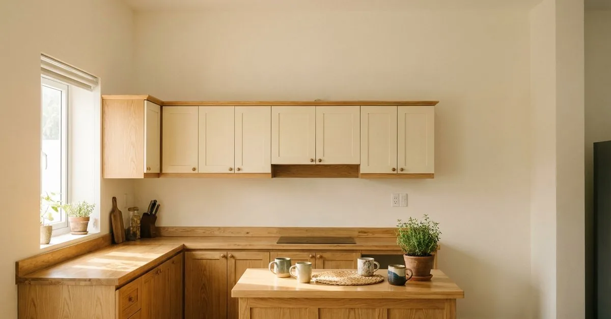 Tủ bếp chữ L gỗ sáng kịch trần với đảo nhỏ trong bếp nhà phố nhiều nắng