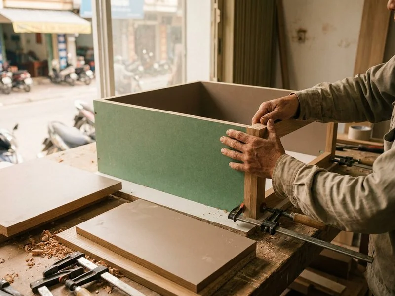 Thợ NHÀ MỘC ráp thử khung tủ bếp MDF lõi xanh tại xưởng Cát Quế