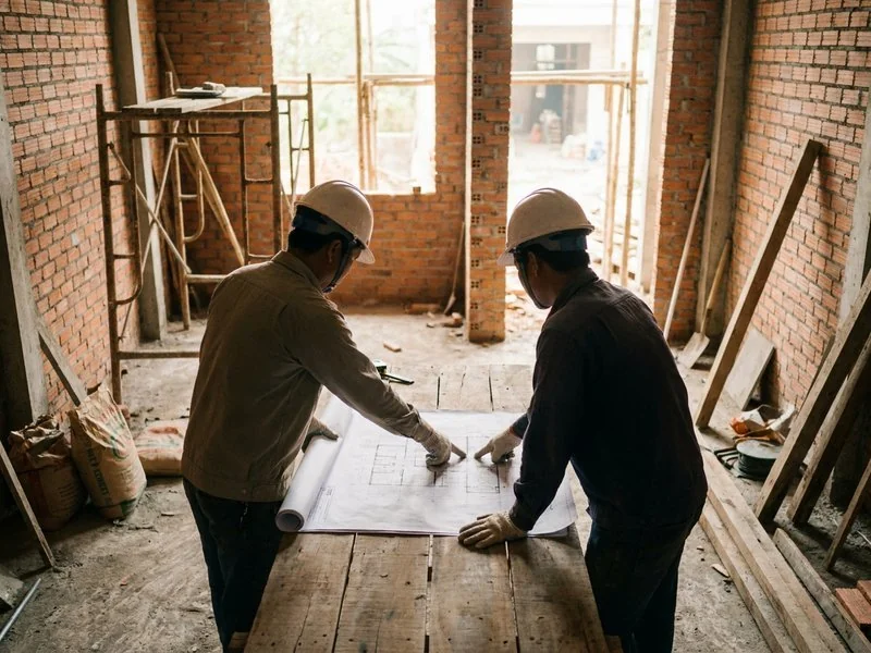 Gia chủ xem bản vẽ cùng kỹ sư tại công trường nhà đang xây phần thô