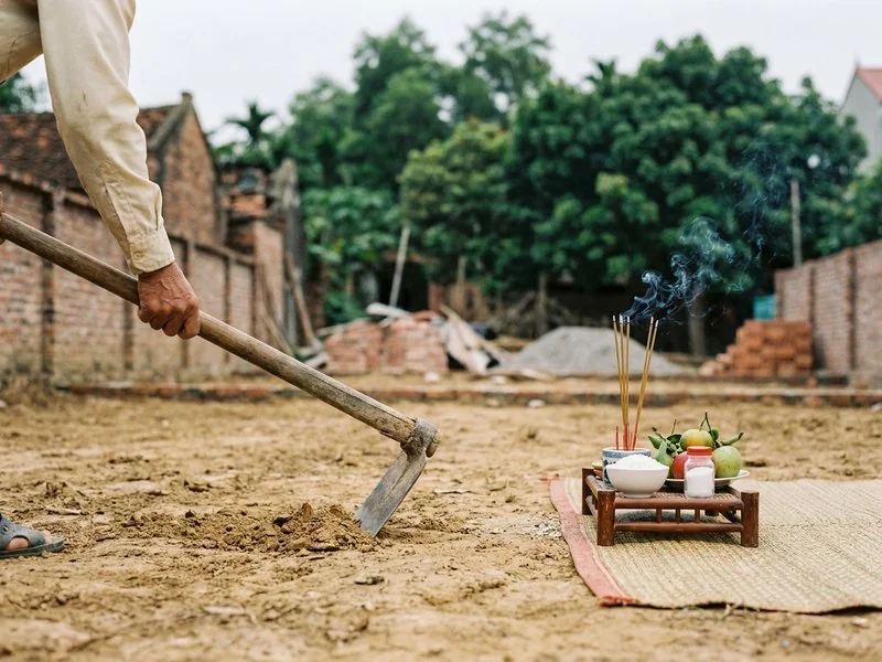 Nhát cuốc động thổ đầu tiên bên cạnh mâm lễ trên khu đất buổi sớm