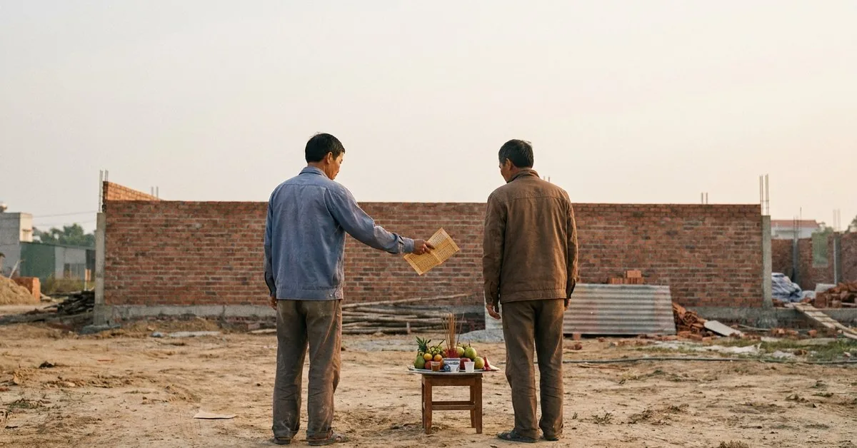 Hai người đàn ông trao giấy tượng trưng bên mâm lễ trước khu đất trống