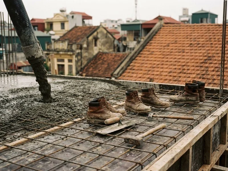 Thợ đổ sàn bê tông tầng mới với lưới thép trải đều trên cốp pha