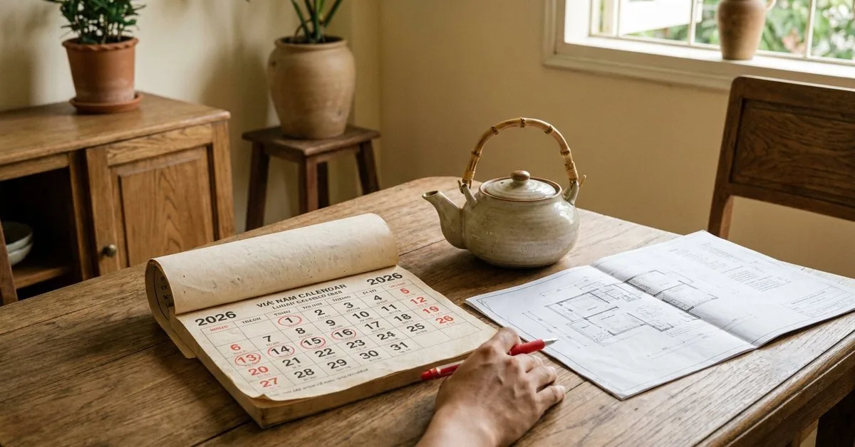 Lịch vạn niên khoanh bút đỏ vài ngày cạnh ấm trà trên bàn gỗ sáng sớm