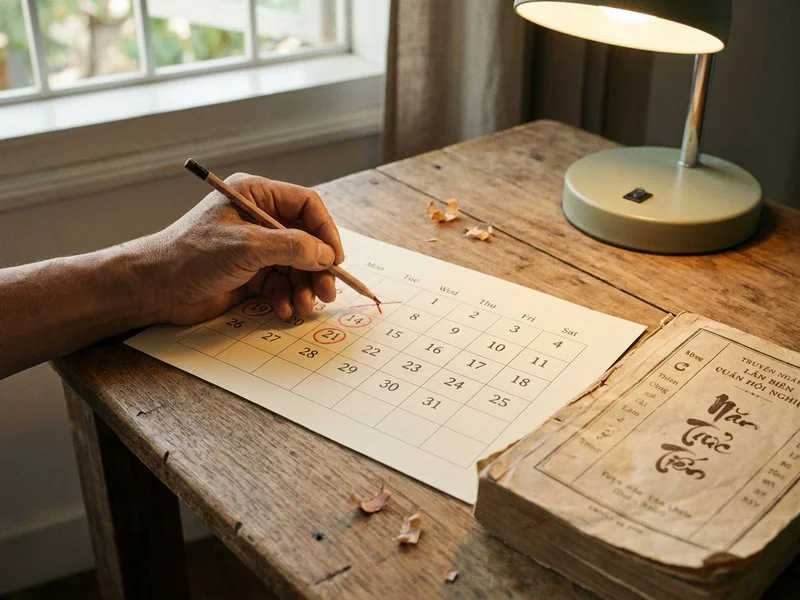 Tay gạch bỏ các ngày kiêng trên tờ lịch tháng bằng bút chì