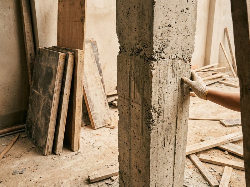 Cột bê tông cốt thép vừa tháo cốp pha tại công trình nhà ở dân sinh