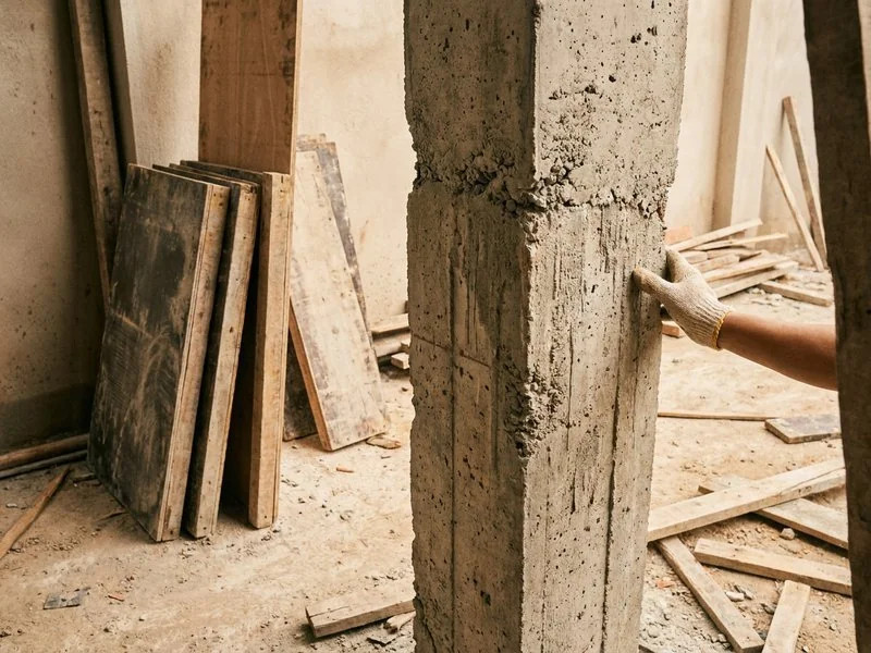 Cột bê tông cốt thép vừa tháo cốp pha tại công trình nhà ở dân sinh