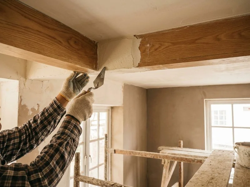 Kỹ sư giám sát kiểm tra chi tiết trát trần tại công trình nhà phố