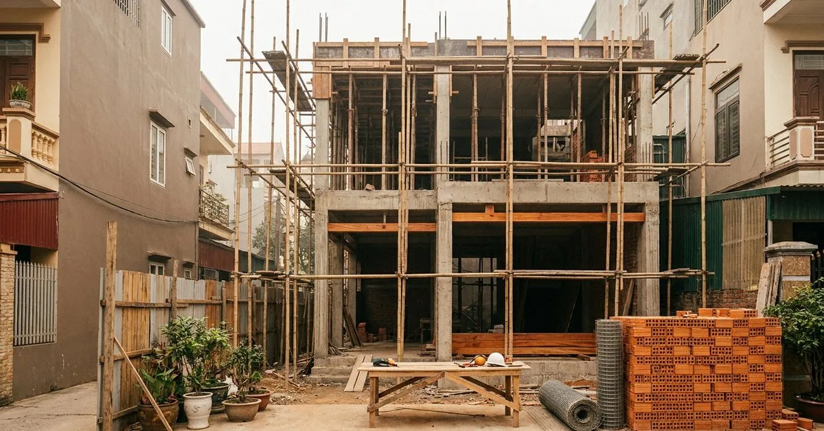 Công trình nhà phố 3 tầng đang thi công phần khung tại Hà Nội với giàn giáo bao quanh