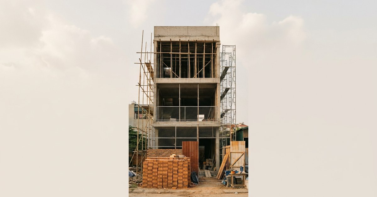 Công trình nhà phố 3 tầng đang thi công phần khung tại Hà Nội với giàn giáo bao quanh
