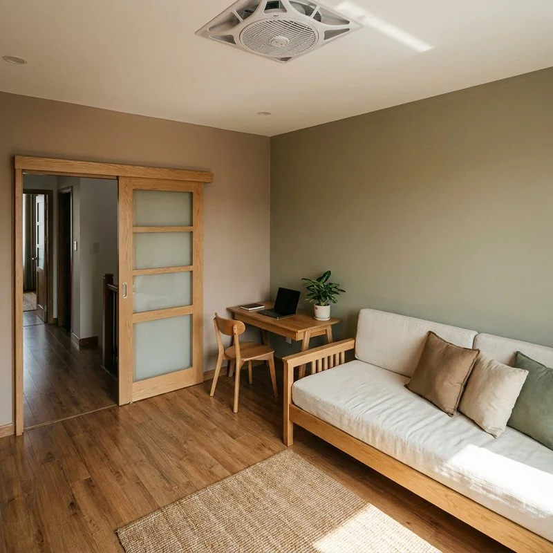 Góc phòng khách minh họa phòng đa năng +1 với nền kem, sofa nâu, gối nhấn xanh