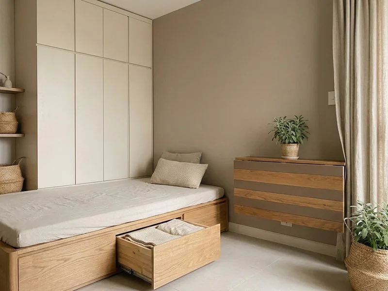 Căn hộ 50m² tông gỗ sáng với giường ngăn kéo và bàn ăn gập gọn