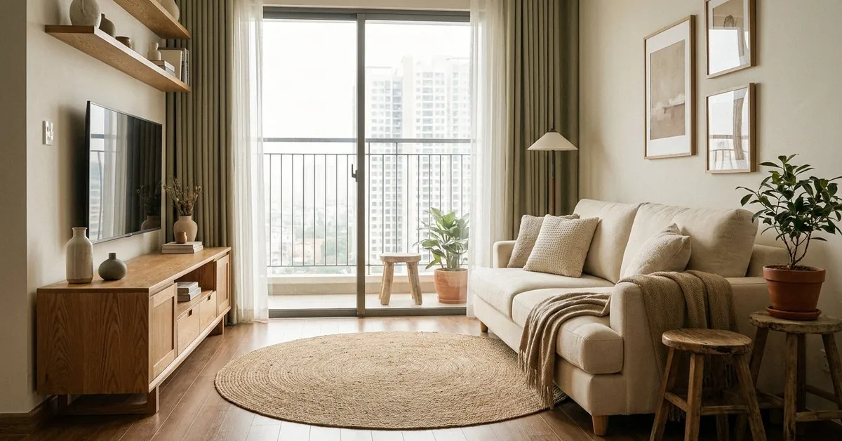 Phòng khách chung cư 70m² tông kem gỗ sáng nhìn ra ban công nhiều nắng