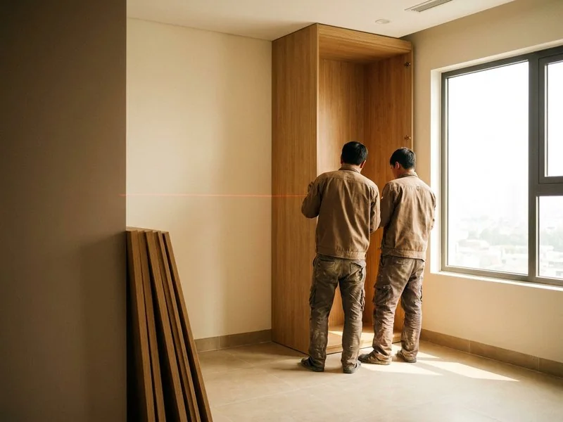 Đội thợ lắp hệ tủ áo kịch trần trong phòng ngủ chung cư mới bàn giao