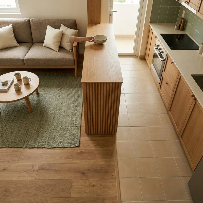 Phòng khách mở thông bếp căn 70m² ngăn vùng bằng đảo bếp thấp