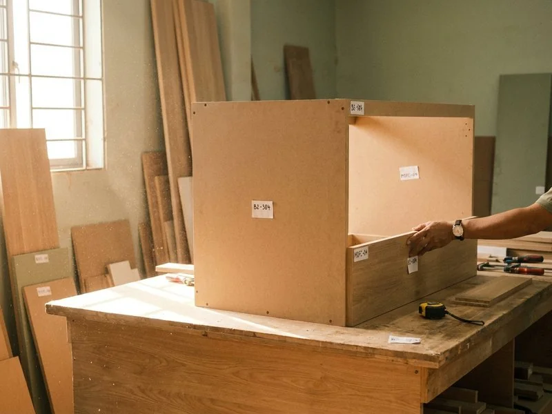 Tủ bếp đang được đóng dở tại xưởng nội thất với ván MDF dán mã lô