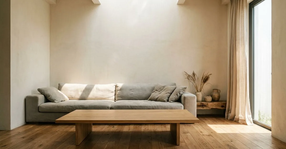 Phòng khách tối giản tông trắng ghi gỗ với sofa phẳng và tường trống thoáng