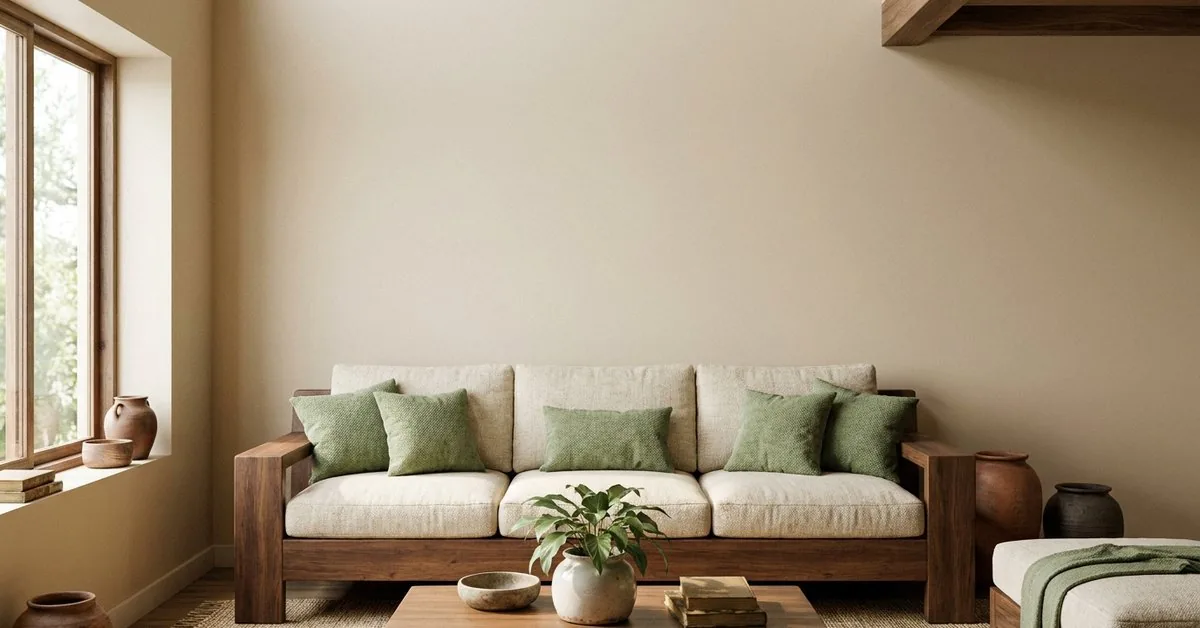 Phòng khách phối màu 60-30-10 với tường be, sofa gỗ nâu và gối nhấn xanh rêu