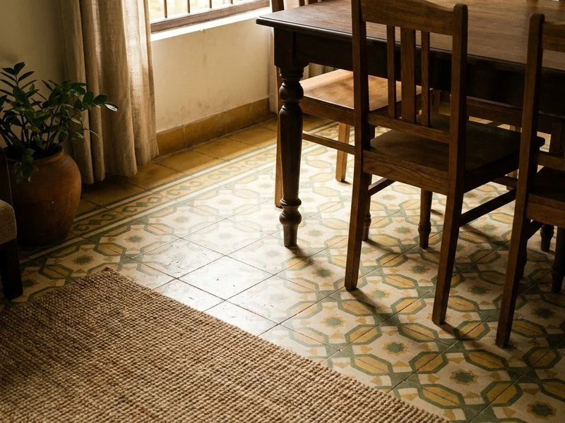 Sàn gạch bông hoa văn vàng xanh dưới bộ bàn ăn gỗ tối màu