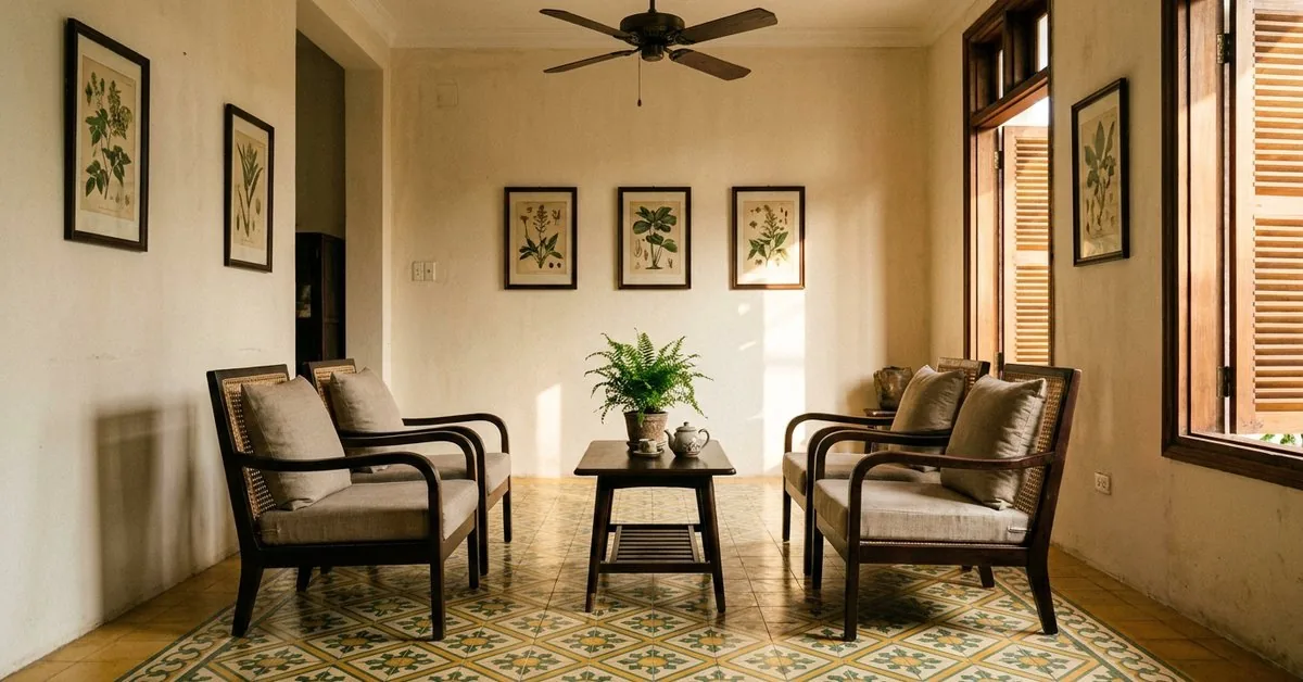 Phòng khách Indochine với sàn gạch bông, ghế gỗ nan mây và quạt trần