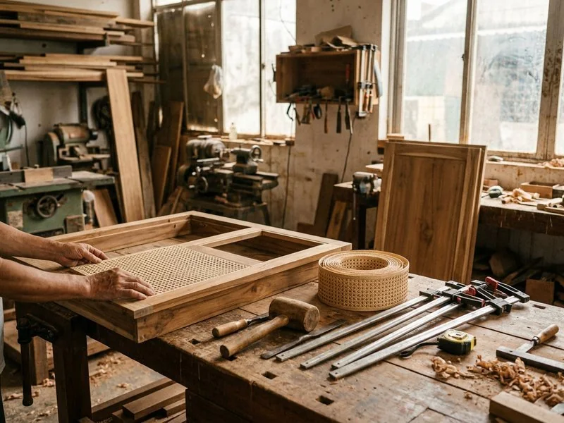 Cánh tủ nan mây đang được đóng trên bàn thợ trong xưởng nội thất