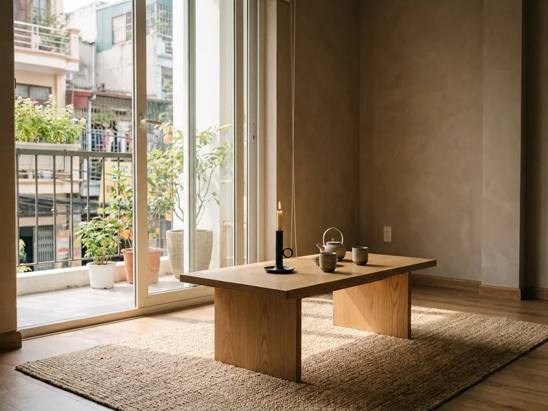 Bàn trà thấp gỗ sáng trên thảm be cạnh cửa kính đón nắng