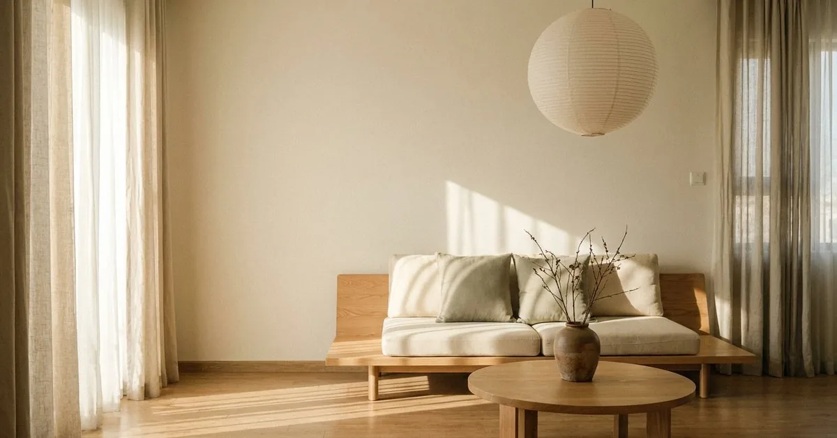 Phòng khách Japandi gỗ sồi sáng với sofa thấp và đèn giấy tròn