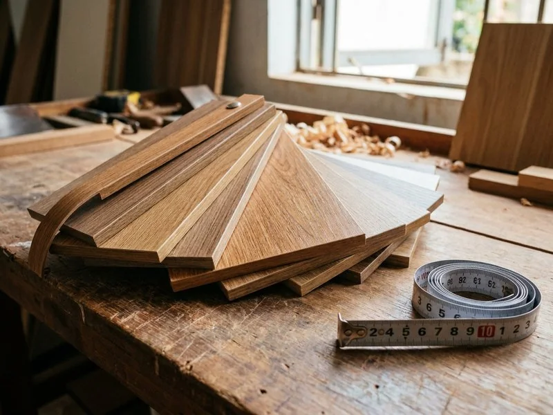 Mẫu cốt gỗ MDF và tấm phủ melamine vân sồi xếp trên bàn tư vấn