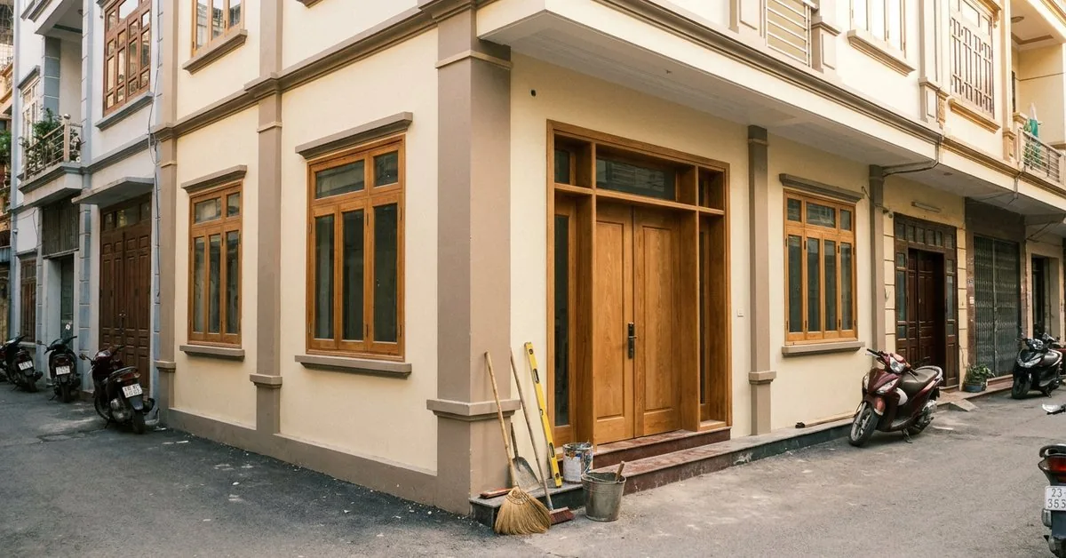 Ngôi nhà phố mới hoàn thiện tại Hà Nội vừa tháo giàn giáo, mặt tiền sạch sẽ chờ bàn giao