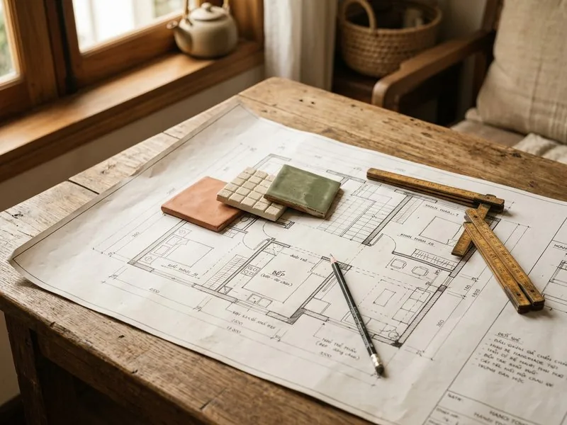 Bản vẽ mặt bằng cải tạo nhà cùng mẫu gạch trên bàn làm việc