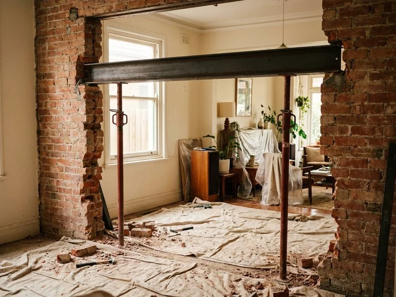 Mảng tường gạch đang được đục mở rộng có dầm thép chống đỡ phía trên