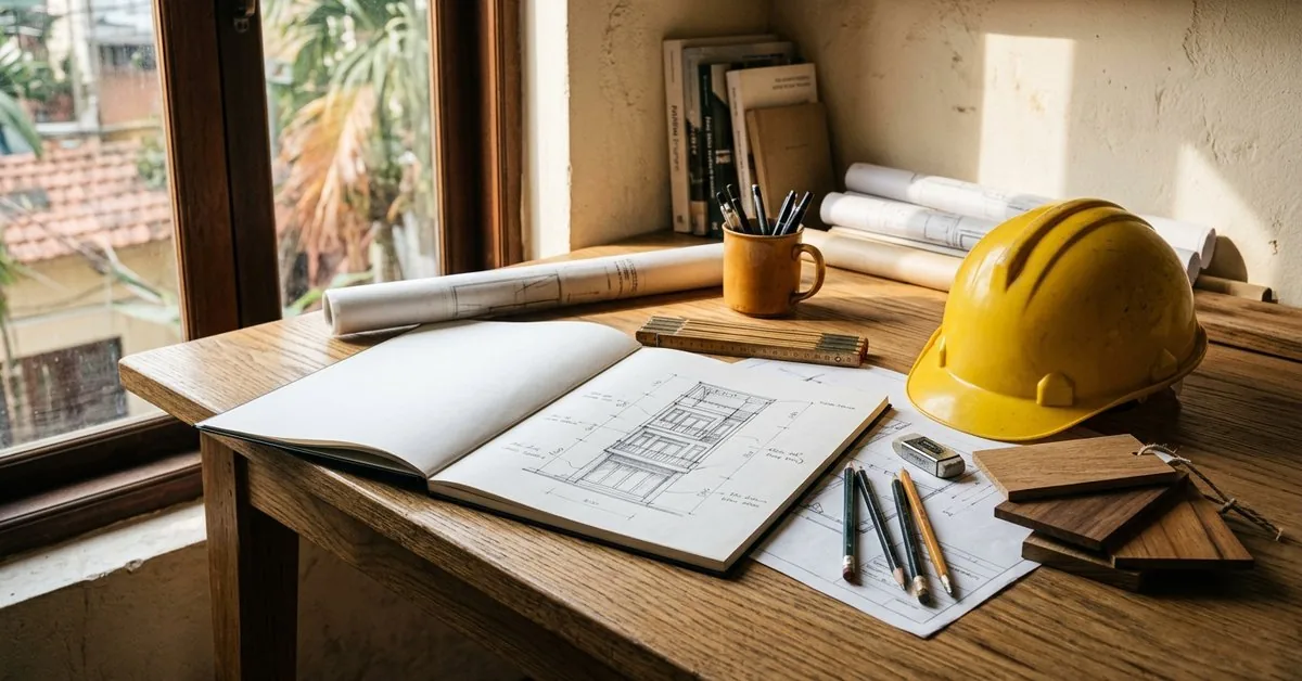 Bàn làm việc của Boris Nguyen với bản phác thảo nhà phố, mũ bảo hộ và mẫu gỗ