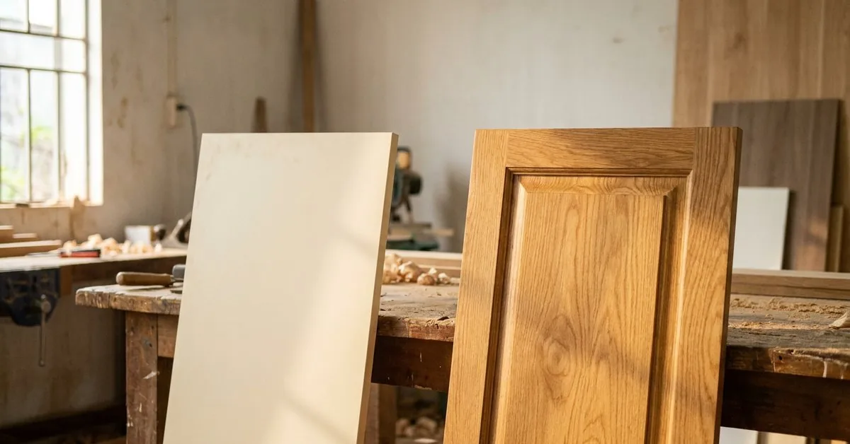 Hai cánh tủ bếp đặt cạnh nhau so sánh gỗ công nghiệp phủ Melamine và gỗ sồi tự nhiên