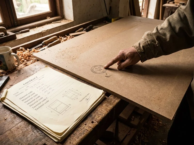 Bàn tay chỉ vào tem mã ván MDF trên tấm cốt gỗ tại xưởng nội thất