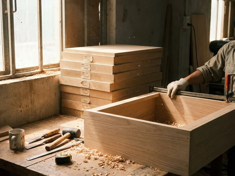 Góc xưởng nội thất với các tấm ván dán mã lô chờ kiểm tra trước khi đóng đồ