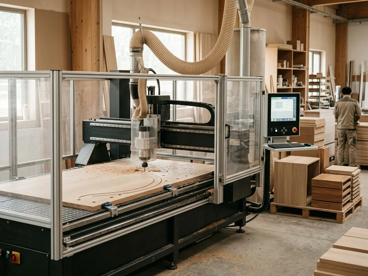 Máy CNC hiện đại cắt và khoan tấm gỗ chính xác theo bản vẽ tại xưởng NHÀ MỘC