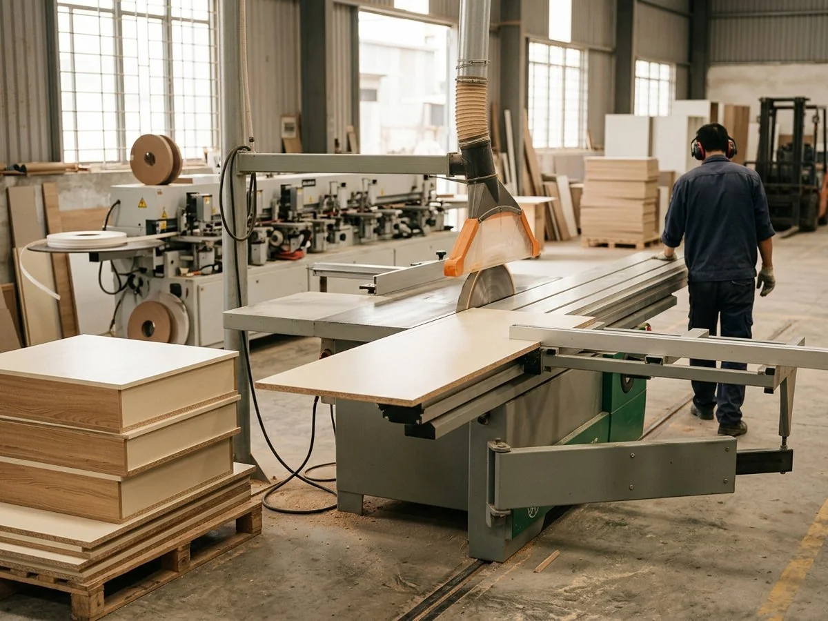 Máy cưa bàn trượt công nghiệp pha cắt tấm gỗ tại xưởng nội thất NHÀ MỘC