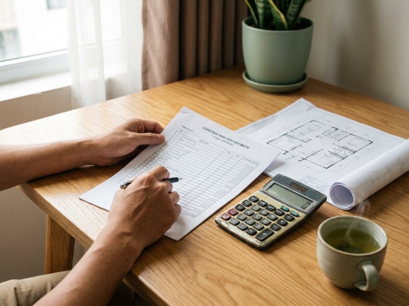 Bảng dự toán chi phí xây nhà in giấy đặt cạnh bút và máy tính trên bàn làm việc