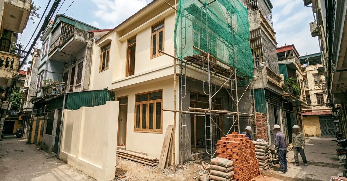 Nhà phố 2 tầng đang hoàn thiện trên lô đất 100m2 tại Hà Nội với giàn giáo bao quanh