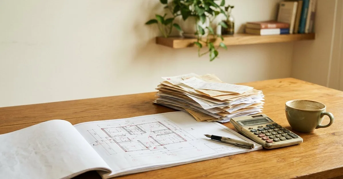 Bàn làm việc với bản vẽ nhà, máy tính cầm tay và tập hóa đơn xây dựng chồng cao dưới nắng sáng