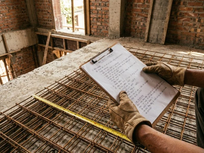 Bàn tay kỹ sư cầm biên bản nghiệm thu đối chiếu cốt thép tại công trường nhà phố xây thô