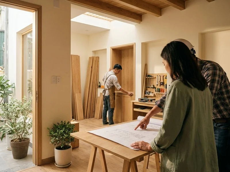 Gia chủ và kỹ sư trao đổi bản vẽ tại công trường nhà phố Hà Nội đang hoàn thiện