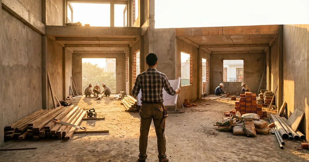 Gia chủ đứng trên nền nhà phố đang xây, phân vân giữa xây trọn gói và thuê thầu riêng