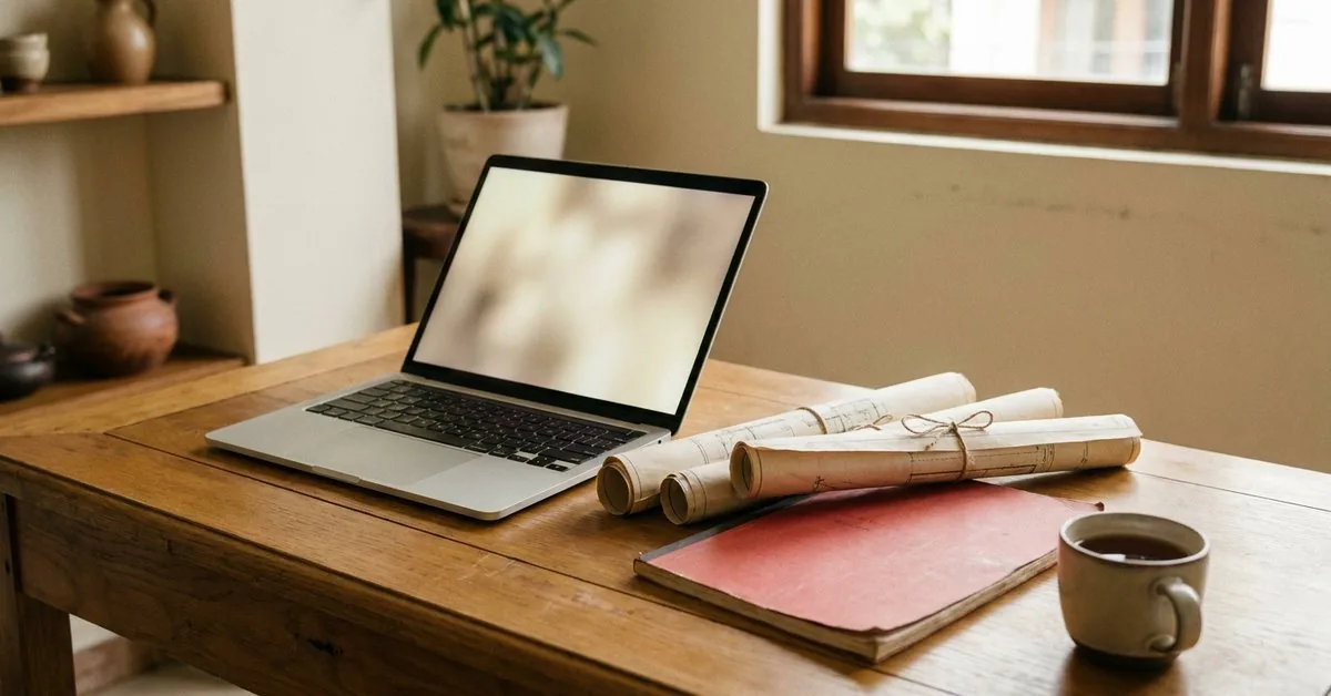 Người dùng laptop nộp hồ sơ xây dựng online bên bản vẽ nhà và sổ đỏ trên bàn gỗ