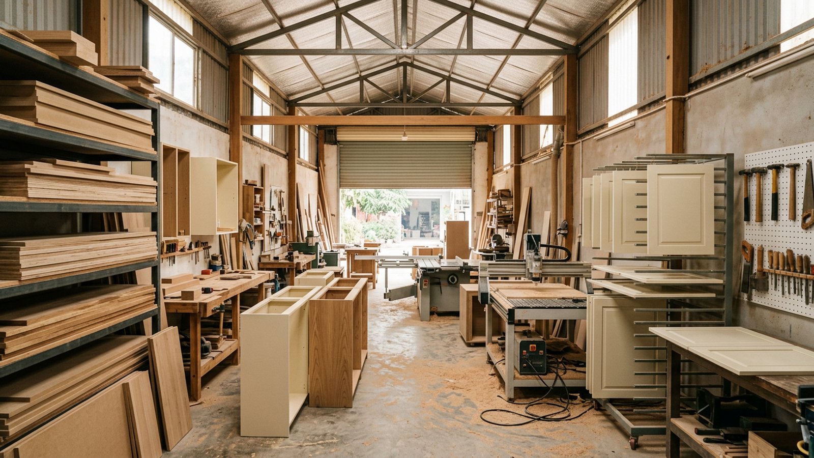 Toàn cảnh xưởng nội thất NHÀ MỘC tại Hoài Đức — khu vật tư, máy CNC và khu hoàn thiện cánh tủ