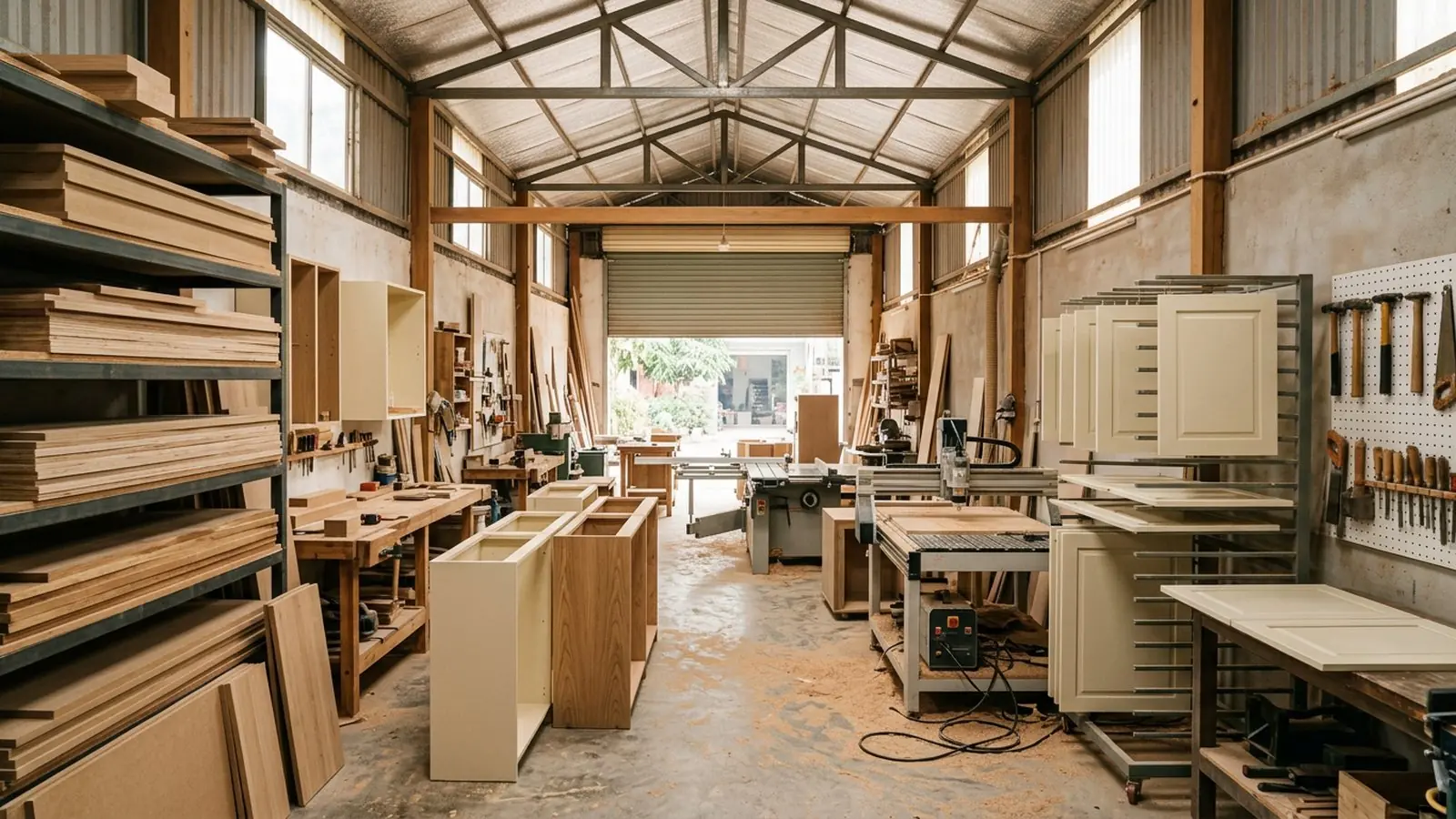 Toàn cảnh xưởng nội thất NHÀ MỘC tại Hoài Đức — khu vật tư, máy CNC và khu hoàn thiện cánh tủ