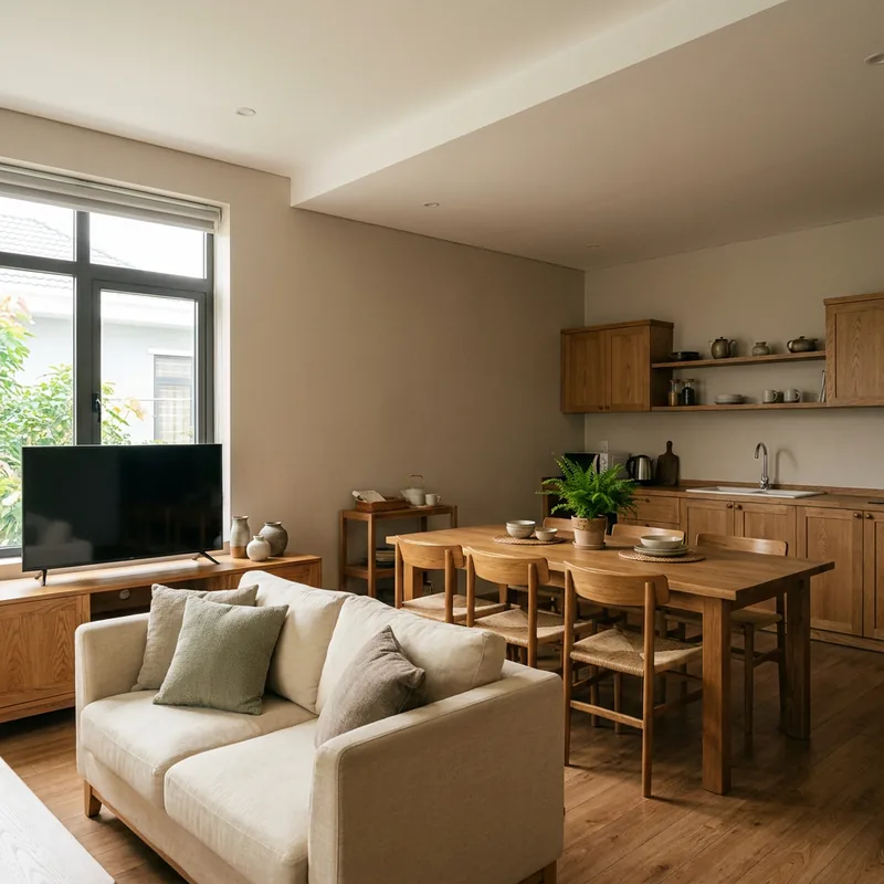 Ảnh minh hoạ phòng khách liền bếp ăn trong nhà cấp 4 mái Nhật