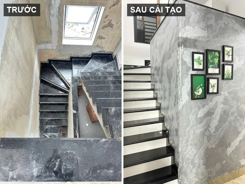 Cầu thang dưới giếng trời trước và sau khi Nhà Mộc cải tạo