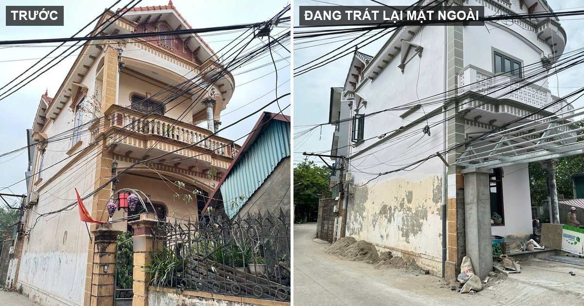 Mặt tiền nhà mái Thái ở Dương Hòa trước cải tạo và lúc đang róc vữa, trát lại tường ngoài