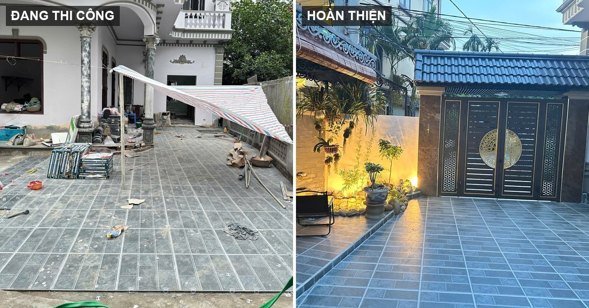 Sân nhà mái Thái ở Dương Hòa lúc đang lát lại gạch và sau khi hoàn thiện — công trình cải tạo tổng thể dự toán 1,5 tỷ, thi công 60 ngày